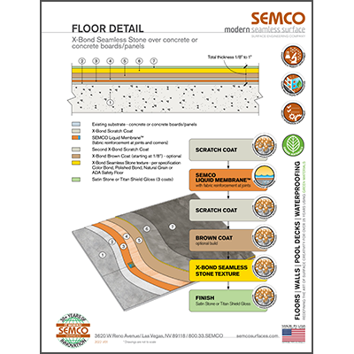 SEMCO floor detail - X-Bond Seamless Stone over concrete or concrete board